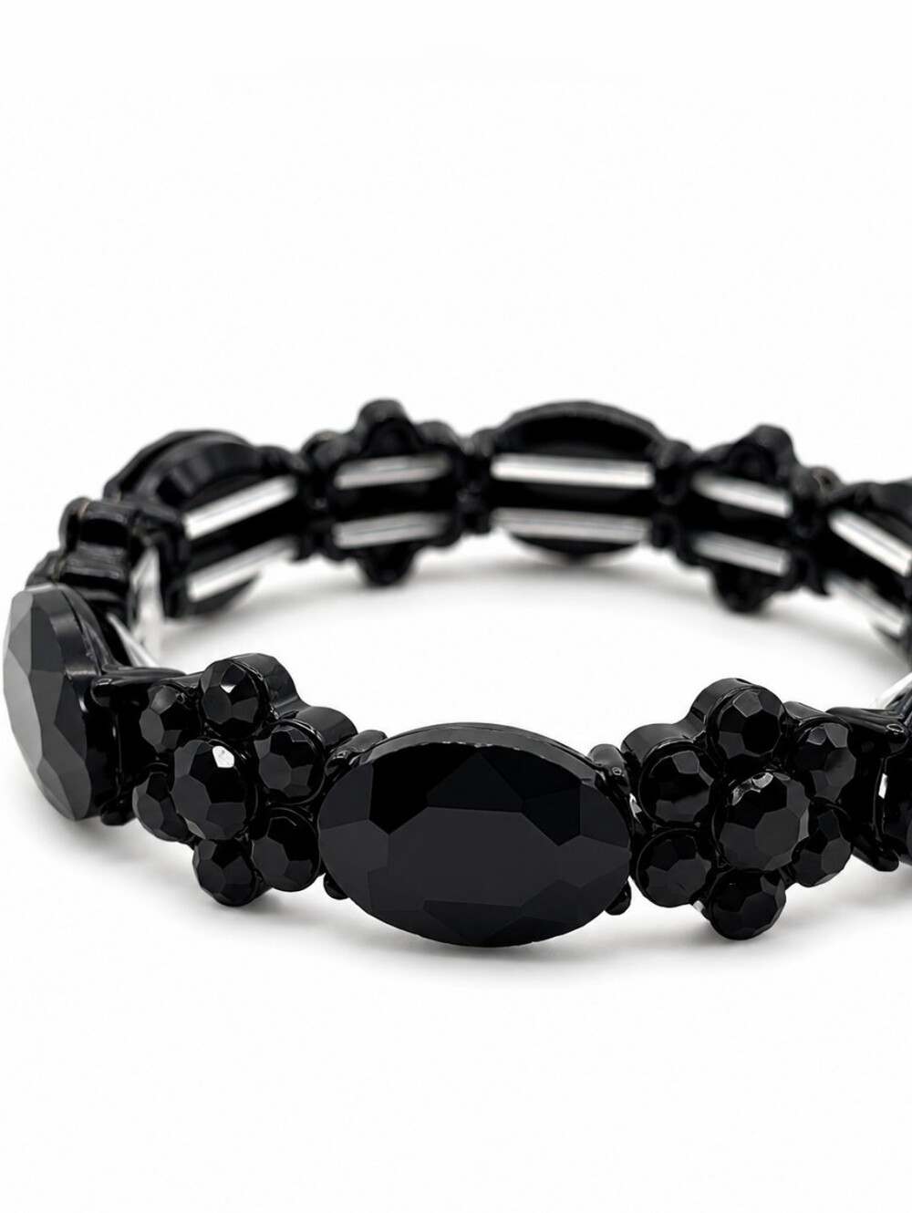 💎 Black Faceted Crystal Stretch Bracelet Jet Bead Floral Statement Bracelet - Picture 3 of 5